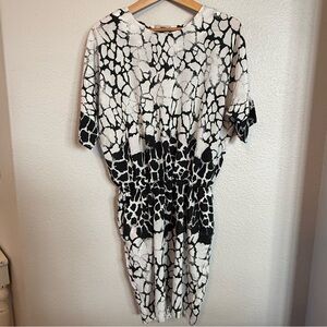 Black & White Printed Midi Dress with Elastic Waist